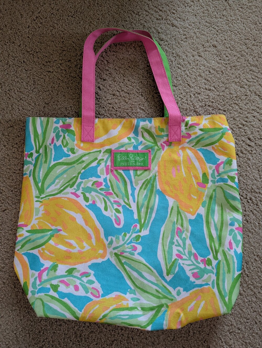 Lilly Pulitzer Lemon Print Canvas Tote with Pink Handles